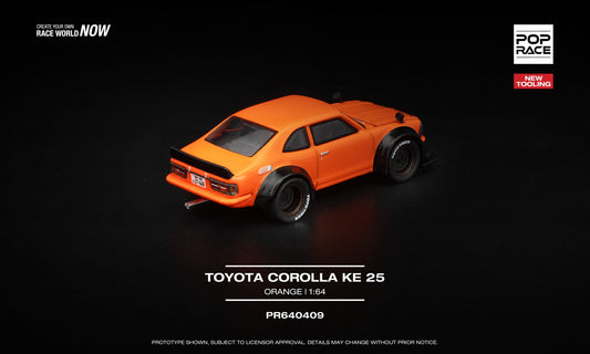 POP Race 1:64 Toyota Corolla KE25 in bright orange with wide-body fenders, carbon-look aero kit, black accents, and open hood showing detailed engine. Back