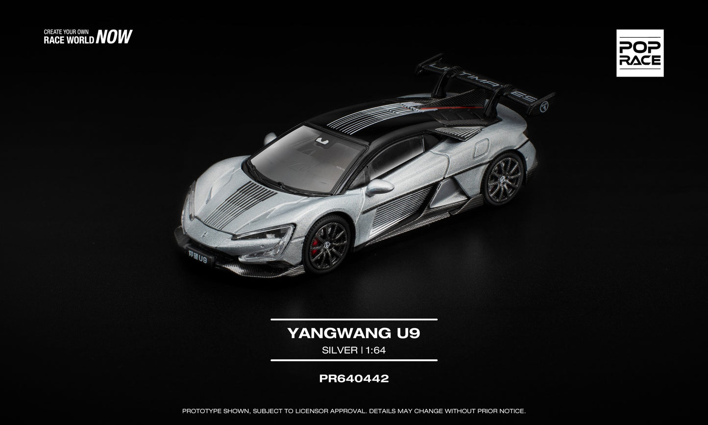 POP Race 1:64 Yangwang U9 Silver diecast car collectible. Front