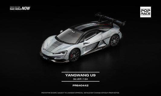 POP Race 1:64 Yangwang U9 Silver diecast car collectible. Front