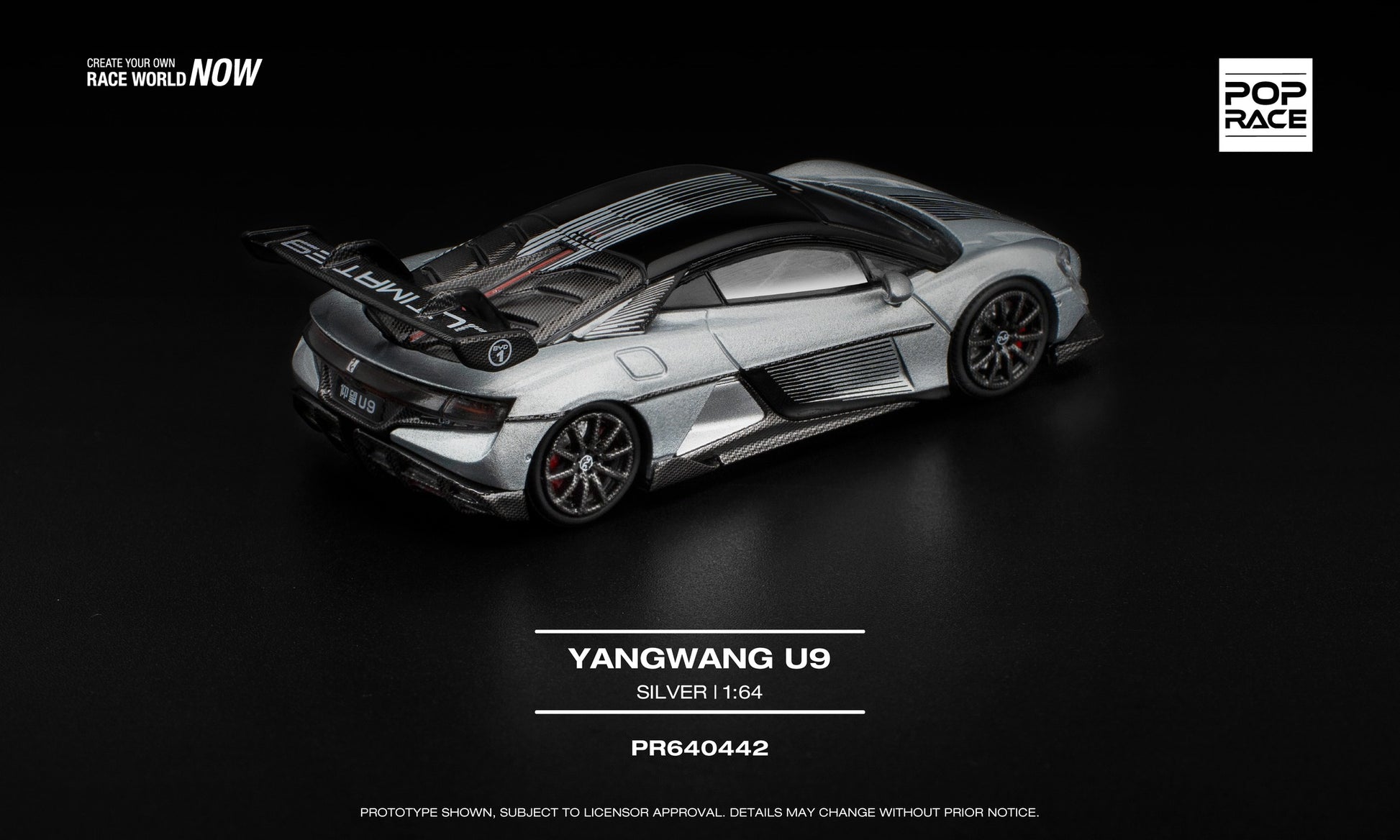 POP Race 1:64 Yangwang U9 Silver diecast car collectible. Back