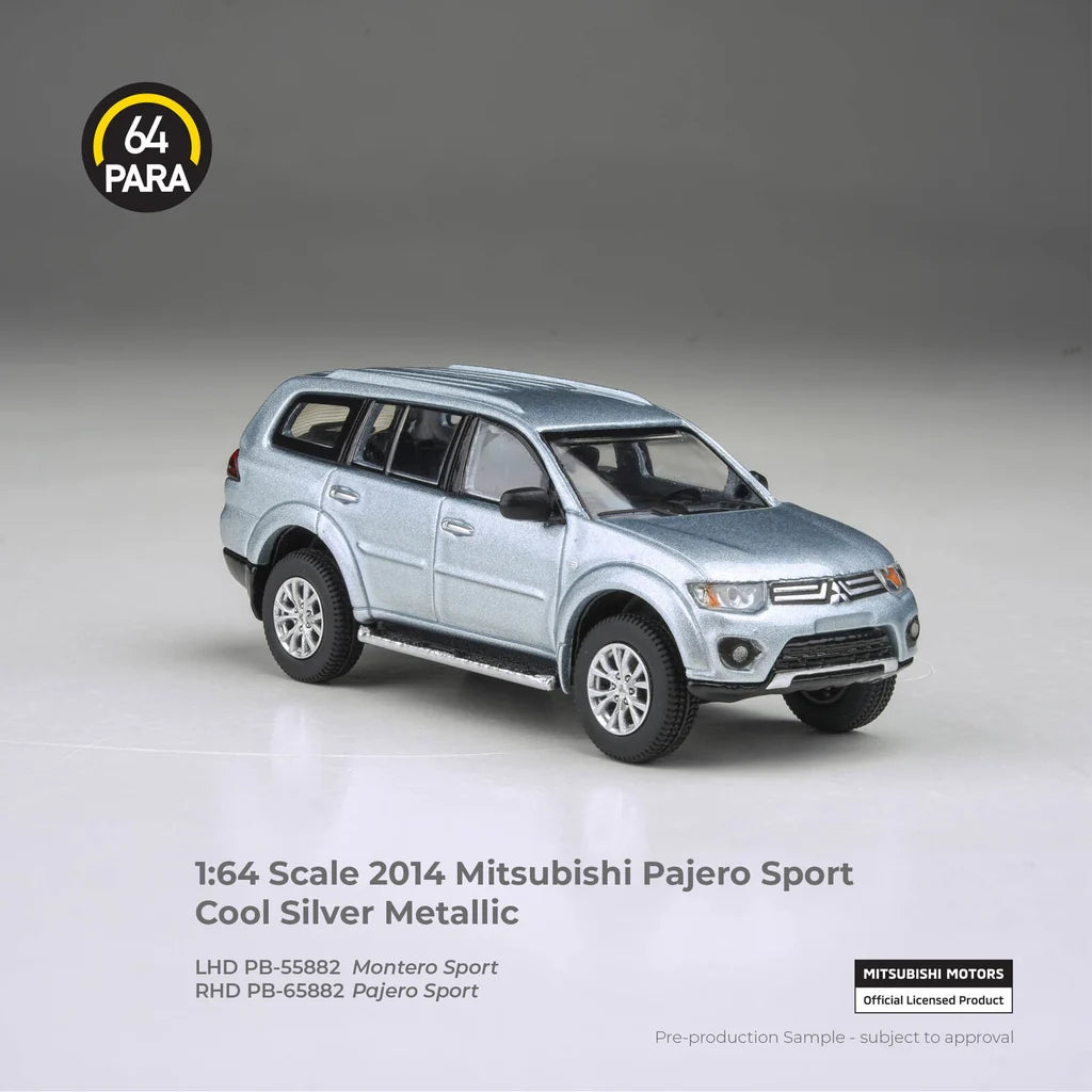 Para64 2014 Mitsubishi Pajero Sport in Cool Silver Metallic, featuring new tooling in 1:64 scale.