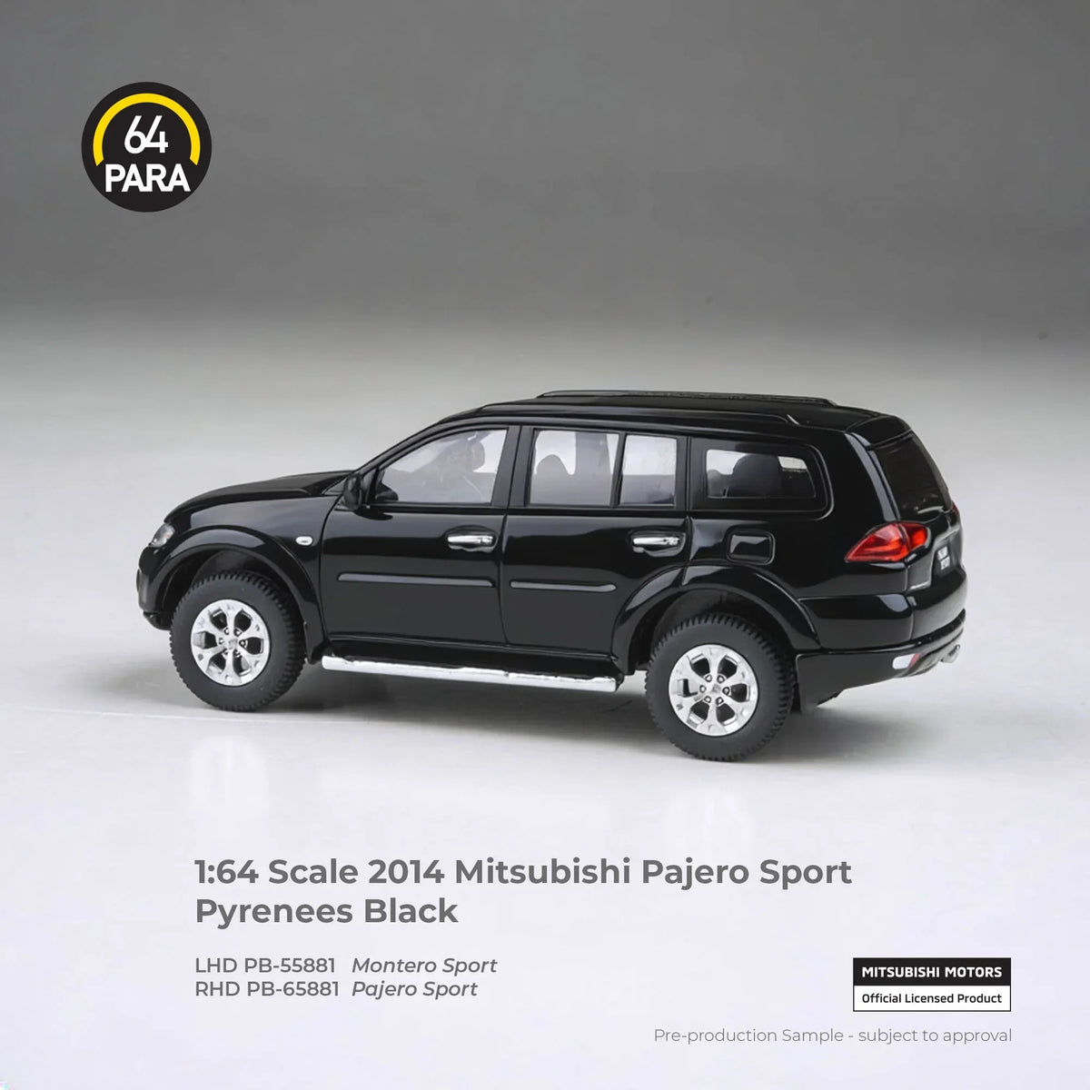 Para64 2014 Mitsubishi Pajero Sport in Pyrenees Black, featuring new tooling in 1:64 scale.