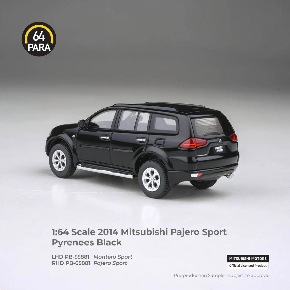 Para64 2014 Mitsubishi Pajero Sport in Pyrenees Black, featuring new tooling in 1:64 scale.