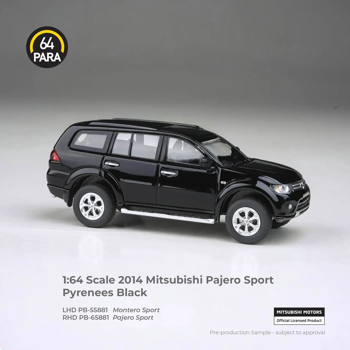 Para64 2014 Mitsubishi Pajero Sport in Pyrenees Black, featuring new tooling in 1:64 scale.