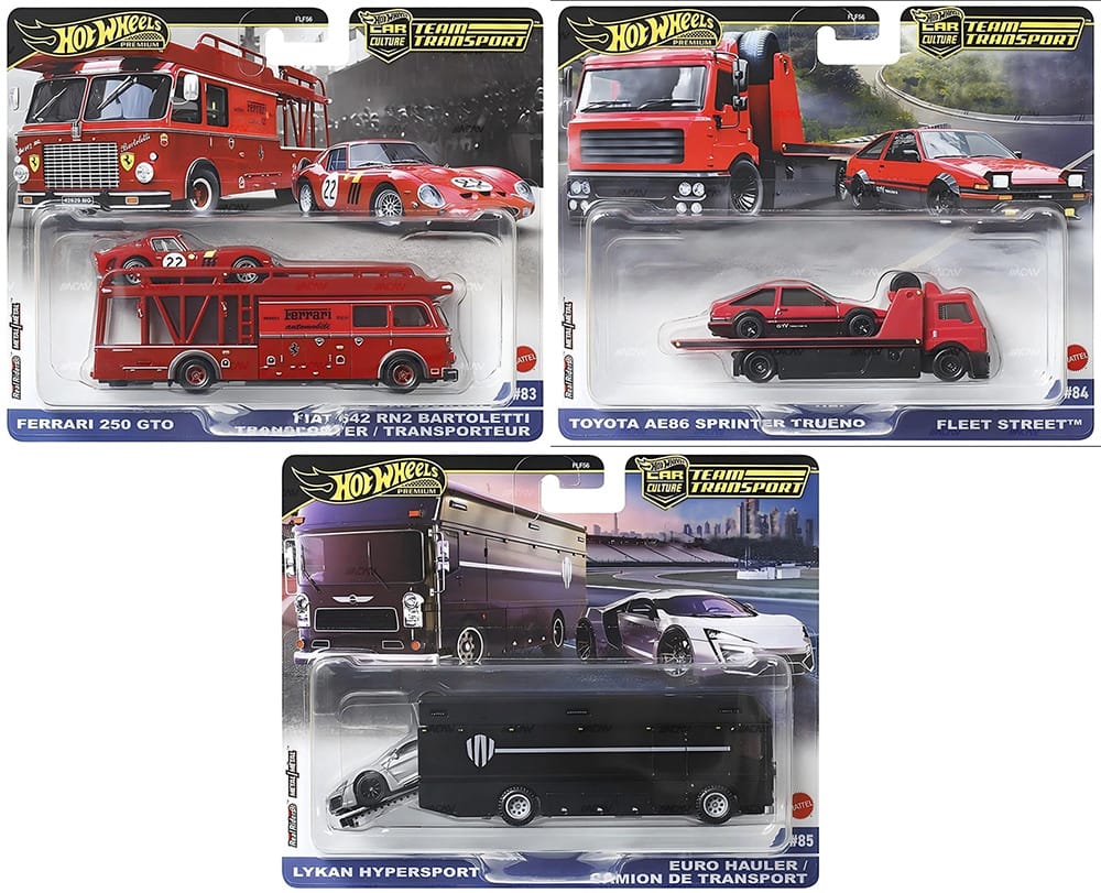 Hot Wheels Team Transport 2025 Mix 4 complete set featuring Fiat 642 RN2 & Ferrari 250 GTO, Fleet Street & Toyota AE86 Trueno, and Euro Hauler & Lykan HyperSport.