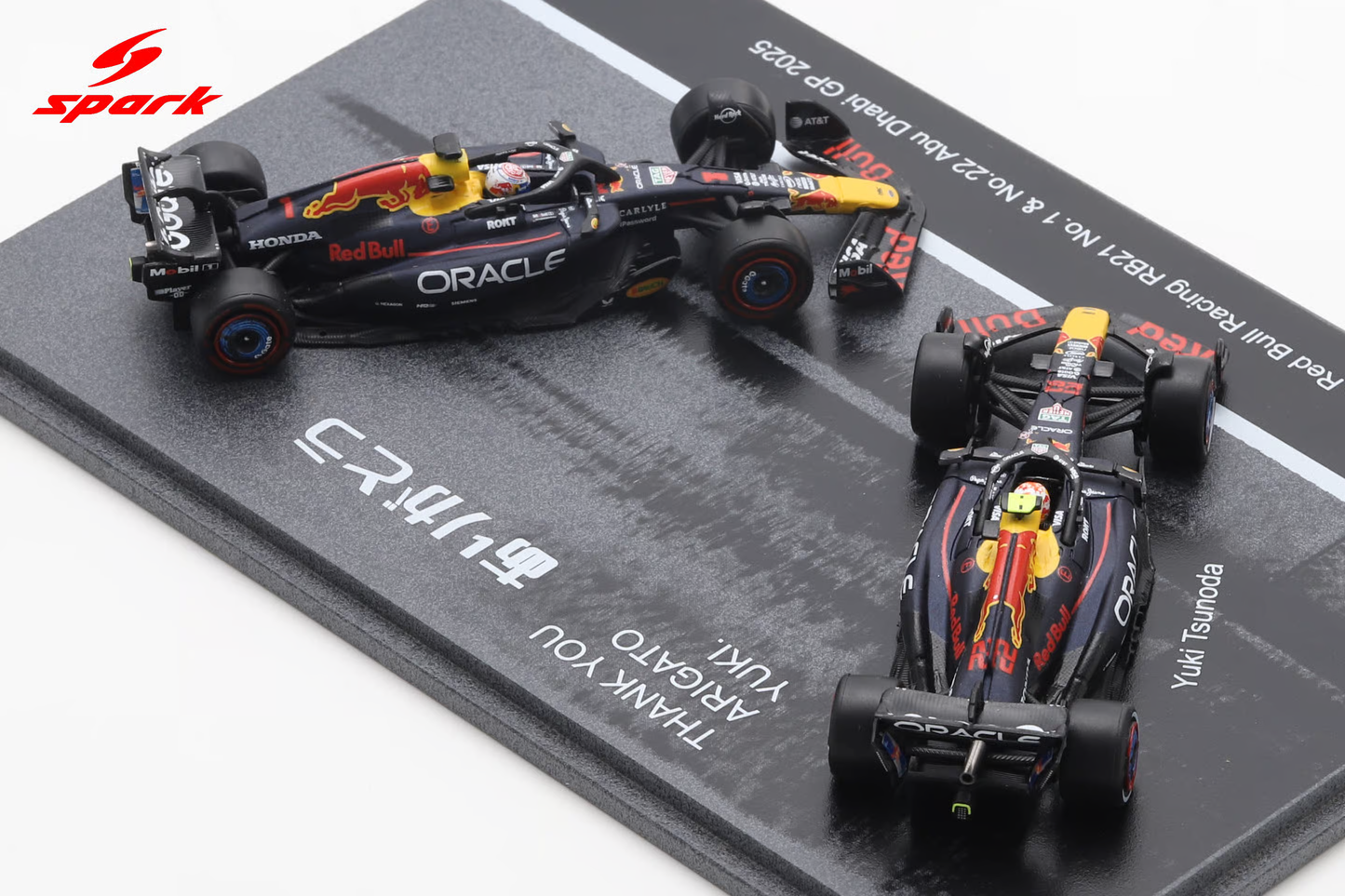 Sparky Oracle Red Bull Racing RB21 Max Verstappen and Yuki Tsunoda Abu Dhabi GP 2025.