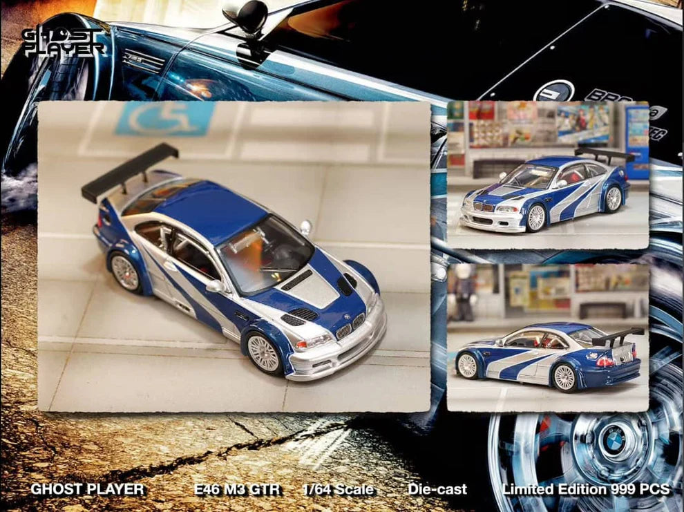 Street Weapon BMW M3 GTR diecast model inspired by Need for Speed: Most Wanted, featuring blue and silver livery, wide body kit, and rear wing in 1:64 scale.