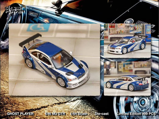 Street Weapon BMW M3 GTR diecast model inspired by Need for Speed: Most Wanted, featuring blue and silver livery, wide body kit, and rear wing in 1:64 scale.