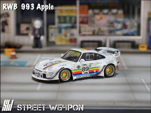 Street Weapon RWB 993 diecast in Apple Computer rainbow-striped livery, featuring widebody fenders, large rear wing, and detailed Porsche 993 design in 1:64 scale. Front