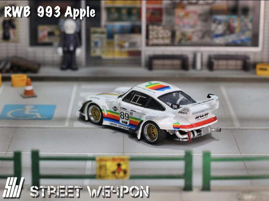 Street Weapon RWB 993 diecast in Apple Computer rainbow-striped livery, featuring widebody fenders, large rear wing, and detailed Porsche 993 design in 1:64 scale. Back