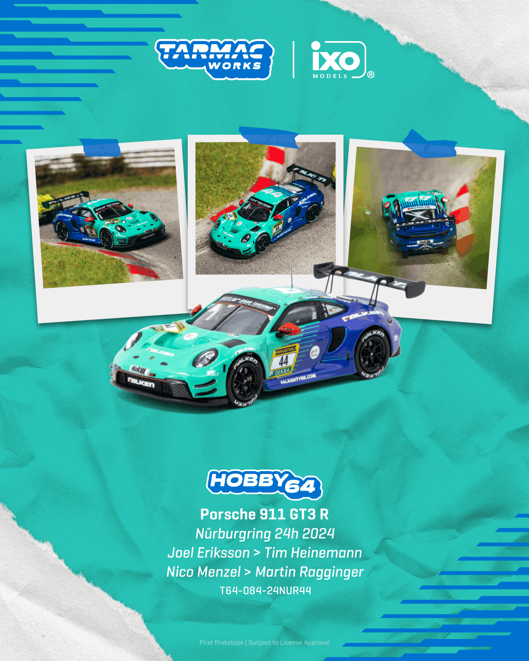 Tarmac Works Porsche 911 992 GT3 R #44 Nürburgring 24 Hours race car from the Hobby64 series.