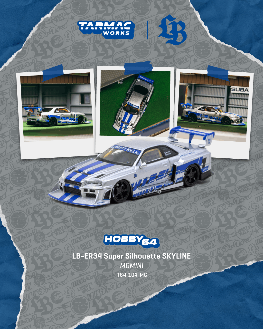 Tarmac Works Nissan Skyline GT-R ER34 LB Super Silhouette MGMini SEMA Show in silver and blue.