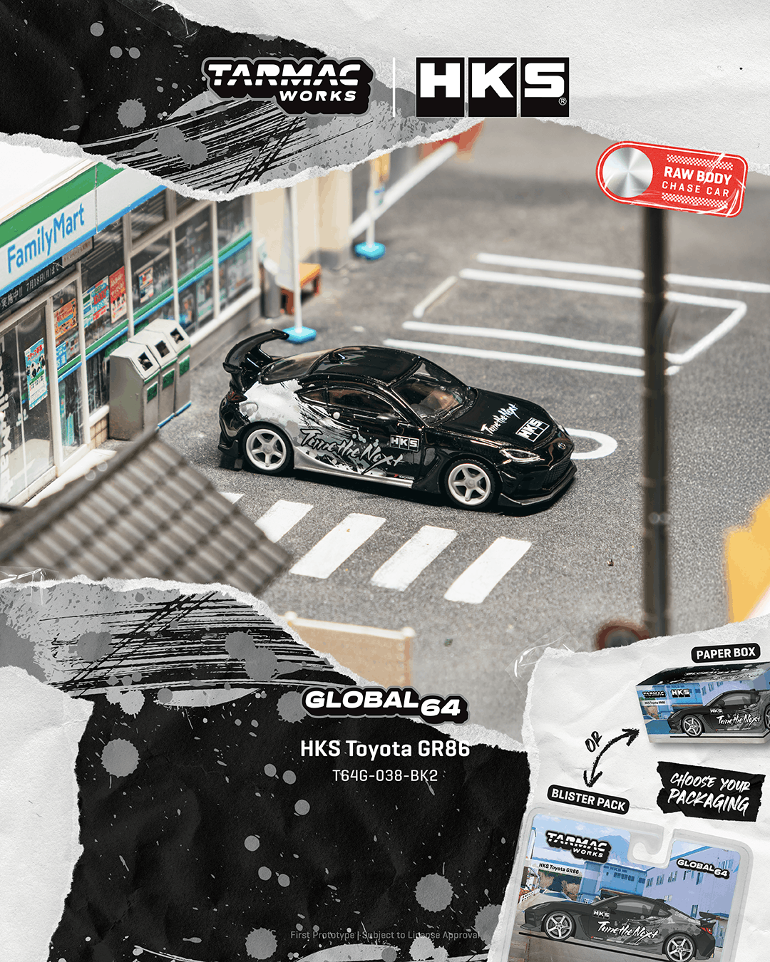 Tarmac Works 1:64 Toyota GR86 HKS black Tune the Next livery white wheels diecast model