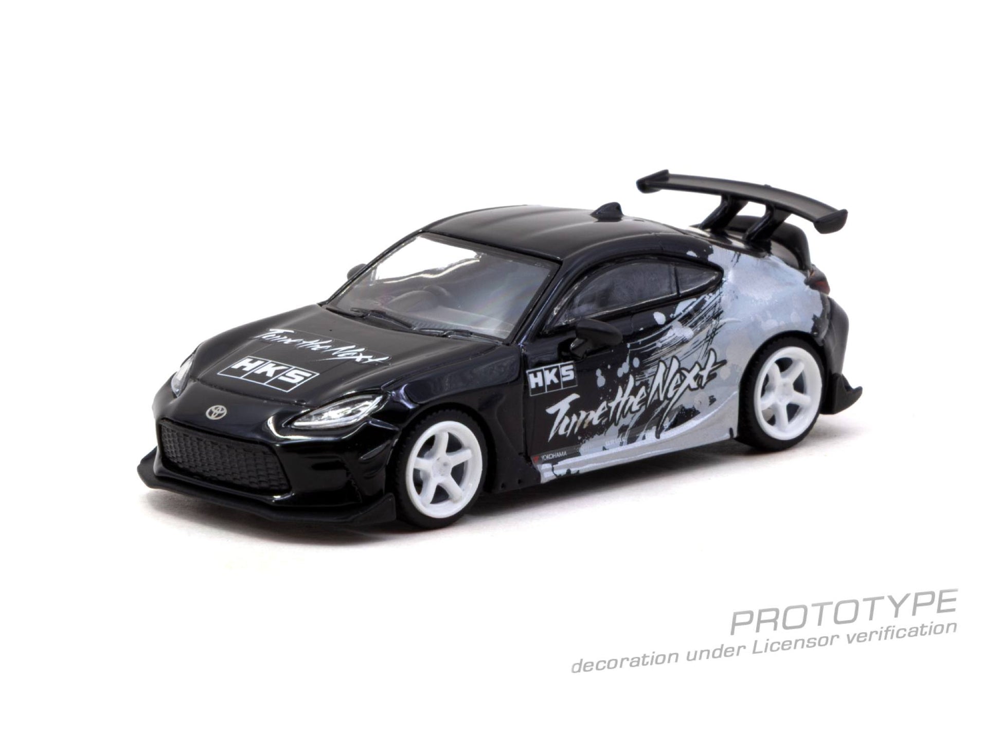 Tarmac Works 1:64 Toyota GR86 HKS black Tune the Next livery white wheels diecast model