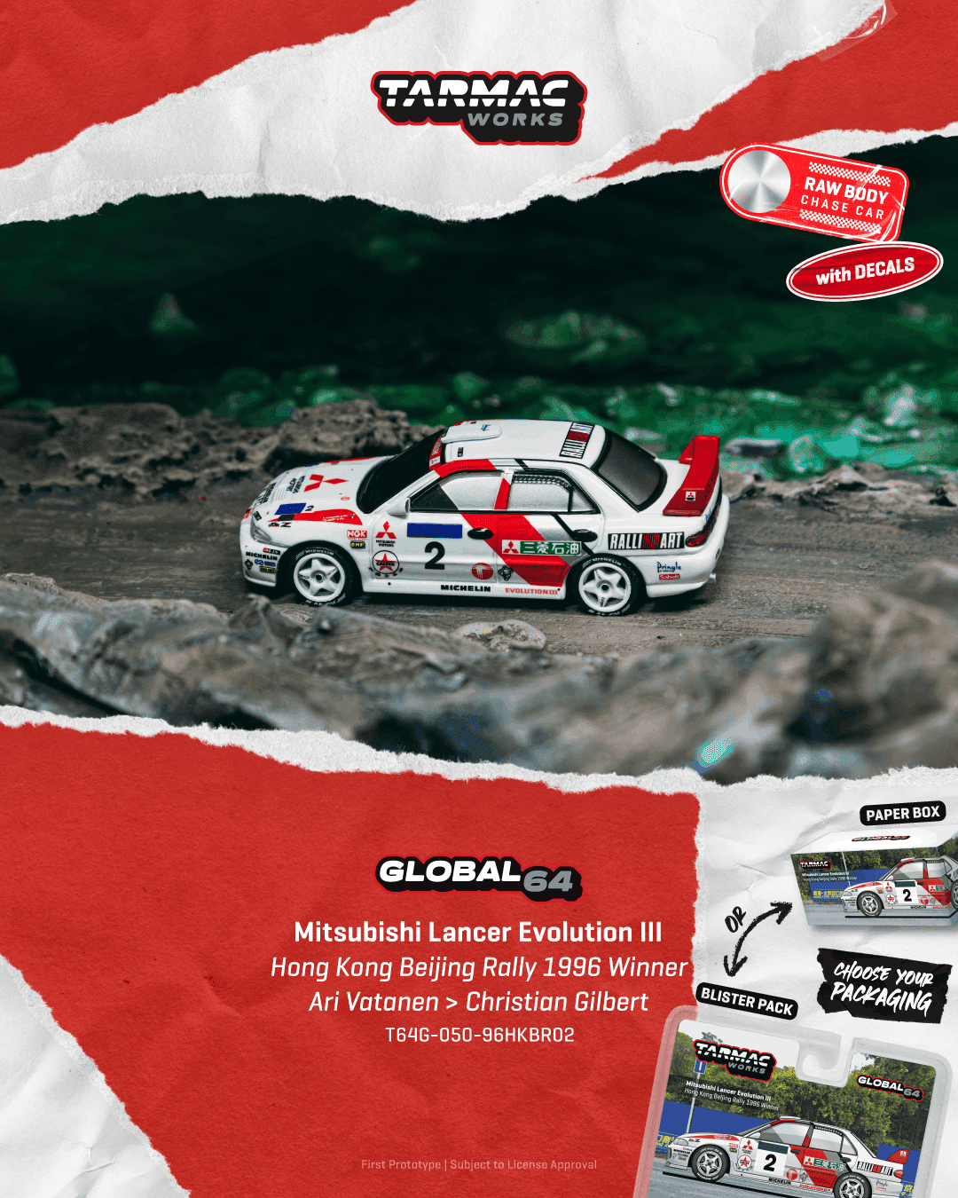 Tarmac Works Mitsubishi Lancer Evolution III #2 Hong Kong–Beijing Rally winner from the Global64 series.