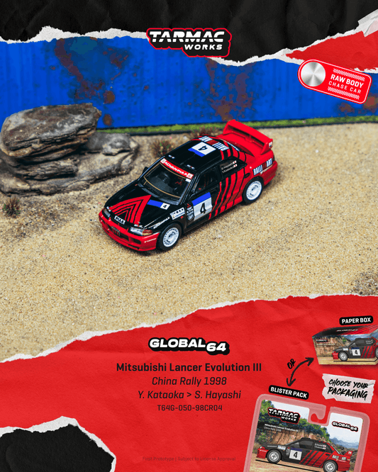 Tarmac Works Mitsubishi Lancer Evolution III #4 China Rally in Global64 blister packaging.