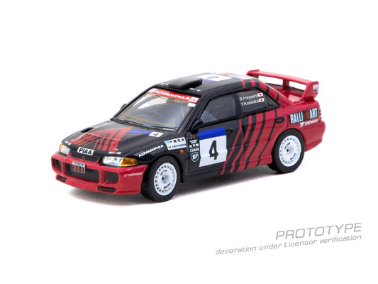 Tarmac Works Mitsubishi Lancer Evolution III #4 China Rally in Global64 blister packaging.