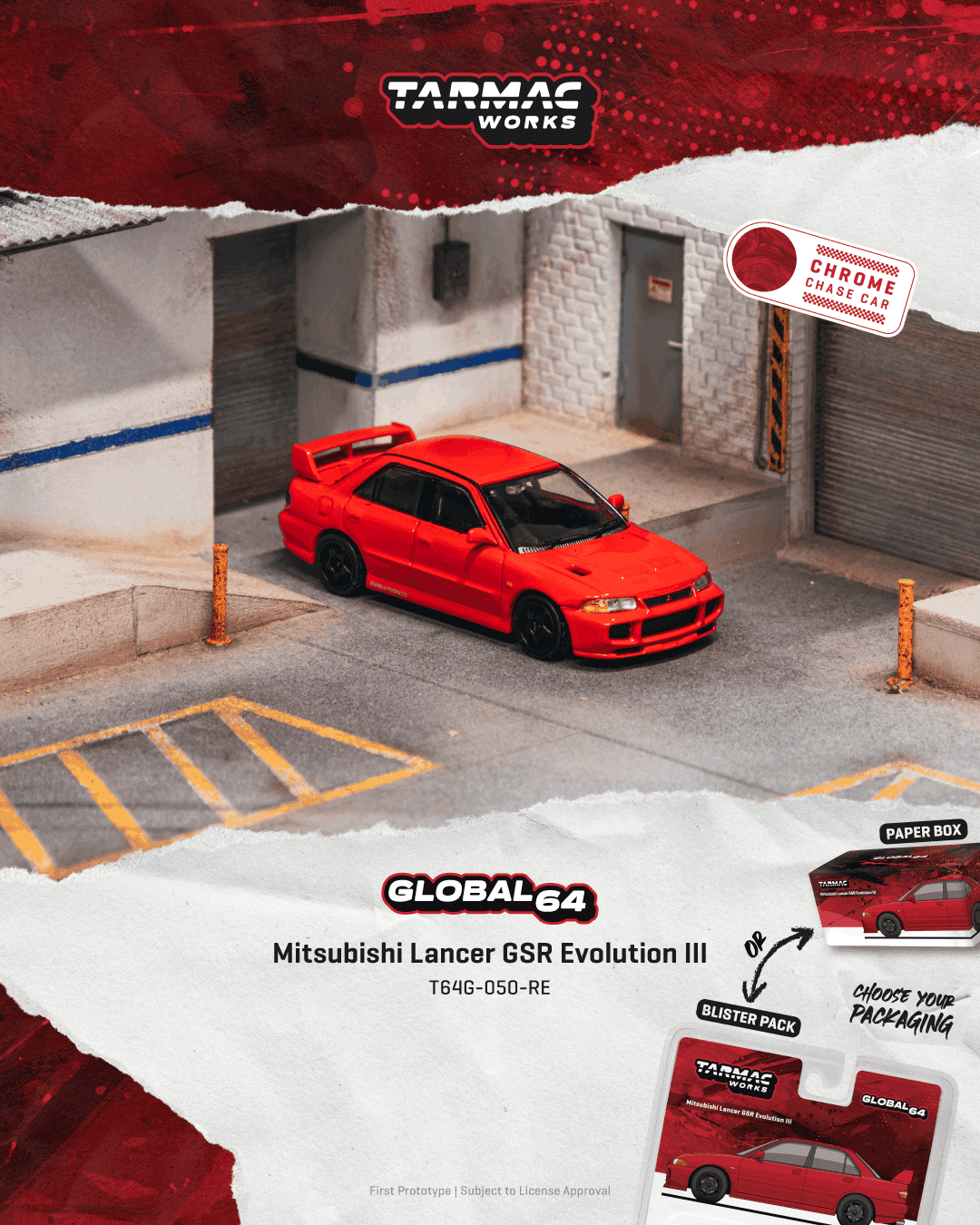 Tarmac Works Global64 Mitsubishi Lancer GSR Evolution III in red.