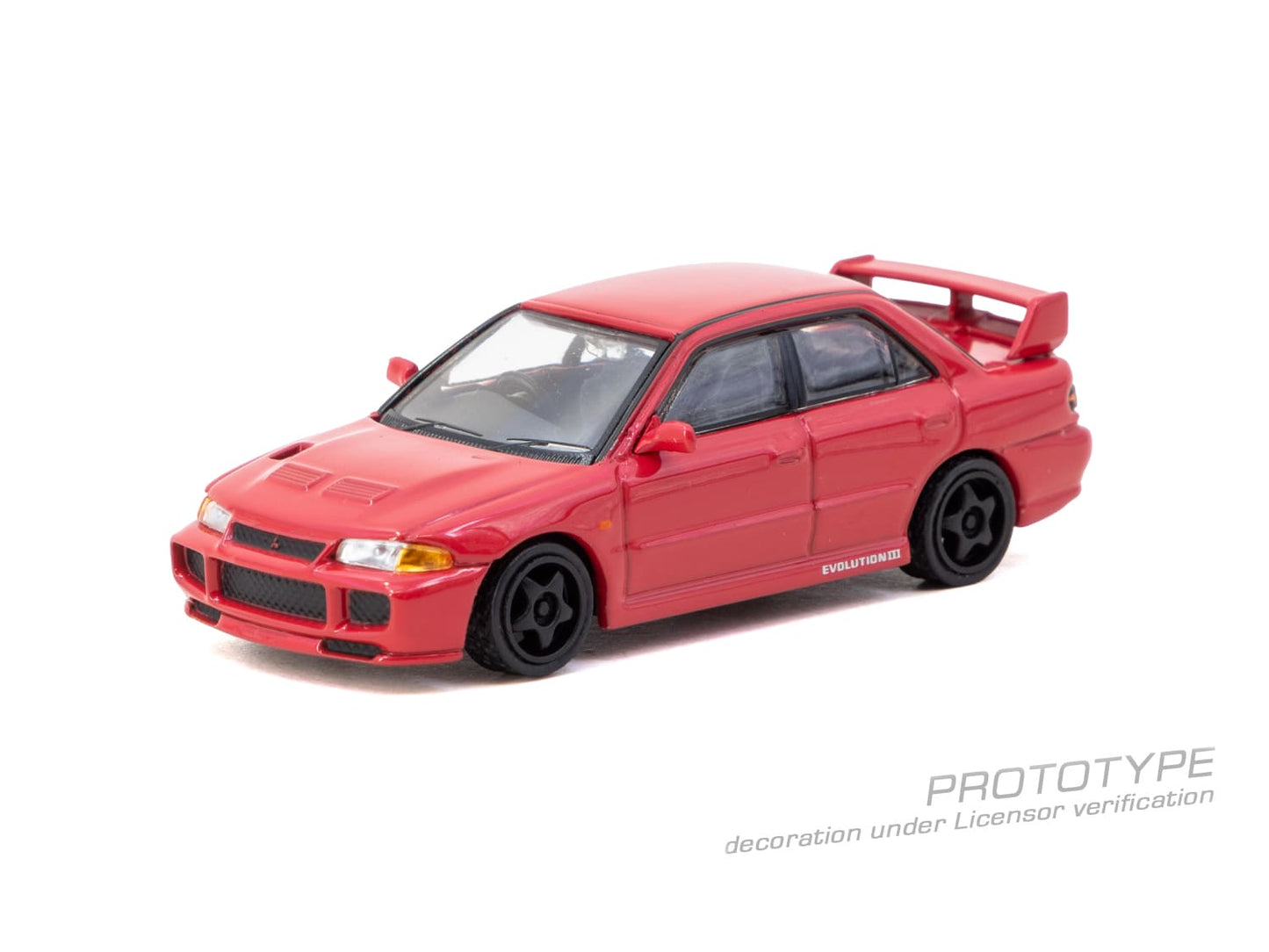 Tarmac Works Global64 Mitsubishi Lancer GSR Evolution III in red.