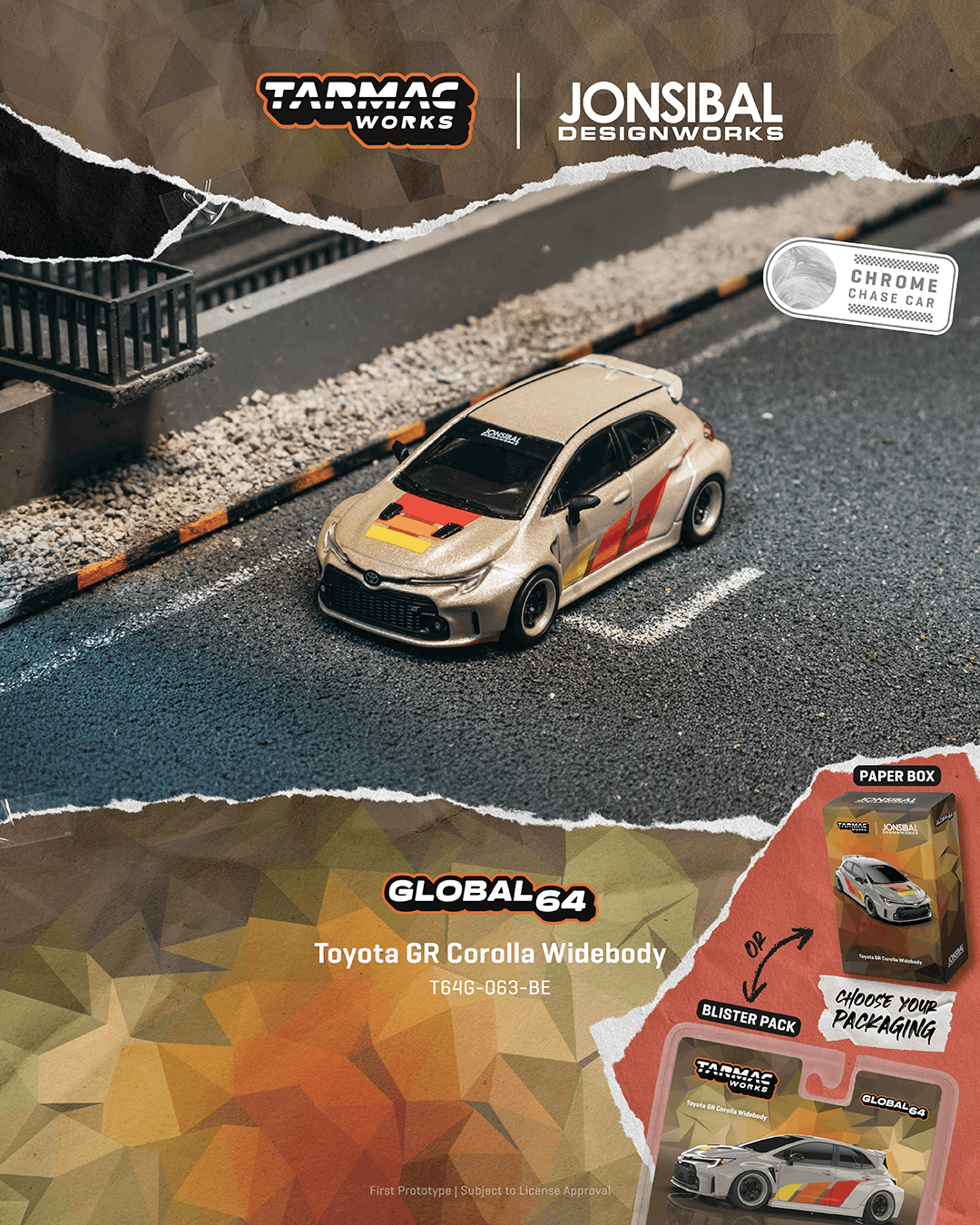 Tarmac Works 1:64 Toyota GR Corolla widebody beige Jon Sibal graphics diecast model