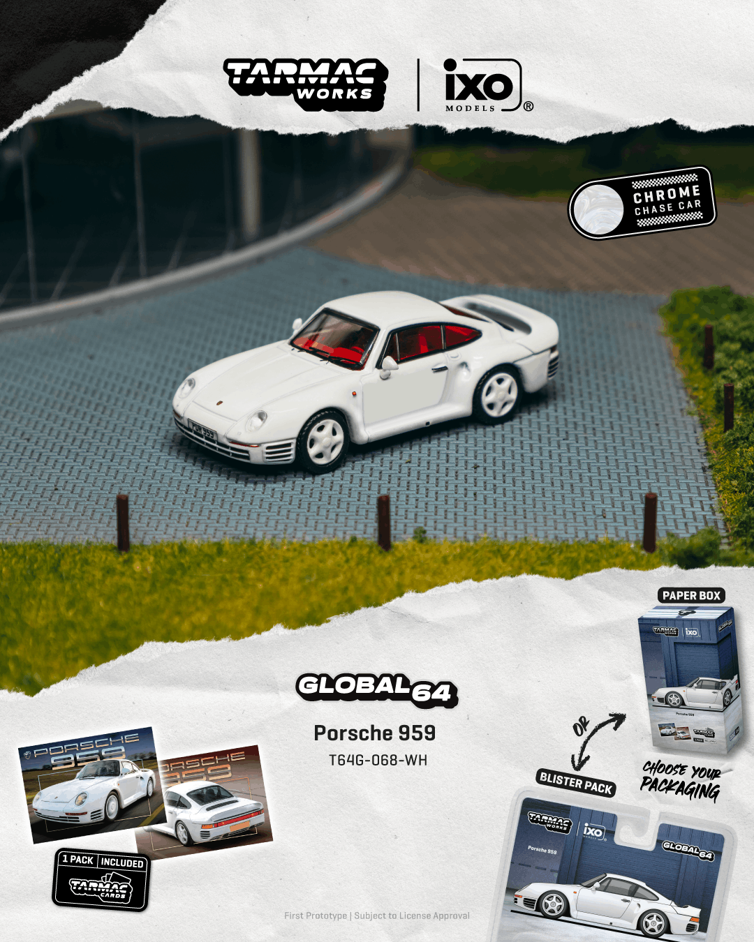 Tarmac Works 1989 Porsche 959 in white with exclusive trading card set.