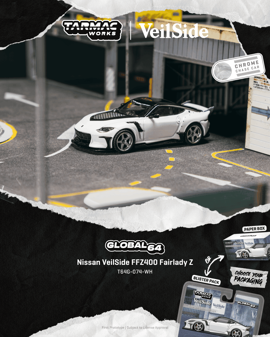 Tarmac Works Nissan FFZ400 VeilSide Fairlady Z in white from the Global64 series.