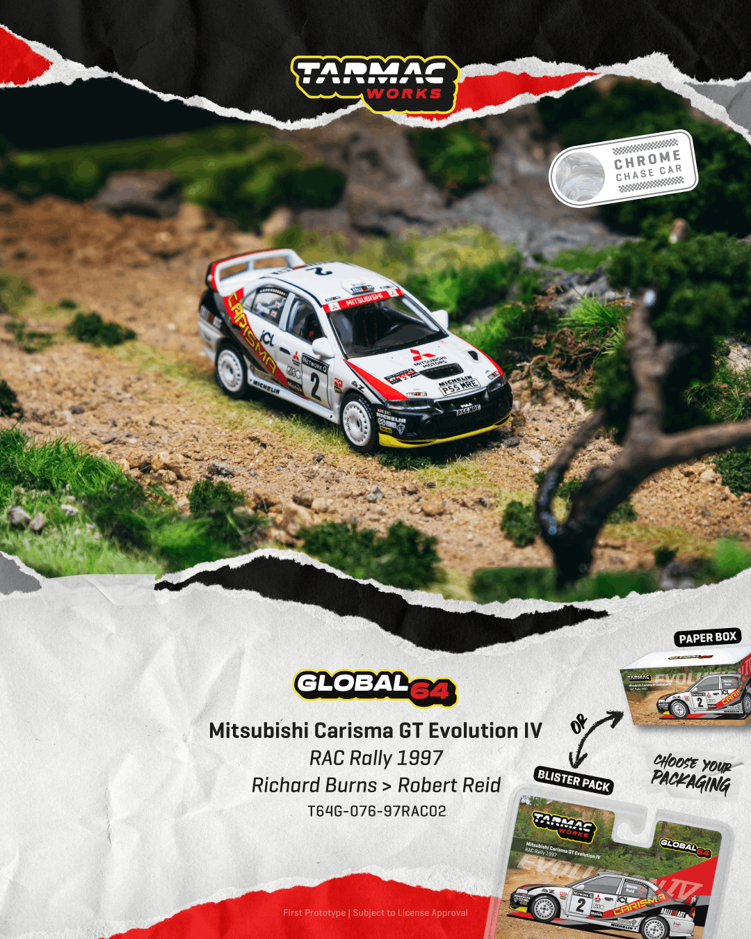 Tarmac Works Global64 Mitsubishi Carisma GT Evo IV Richard Burns RAC Rally.