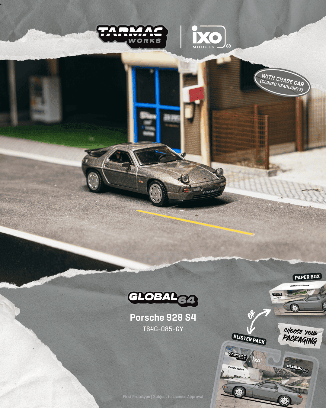 Tarmac Works Global64 Porsche 928 S4 in Grey Metallic with rolling wheels.