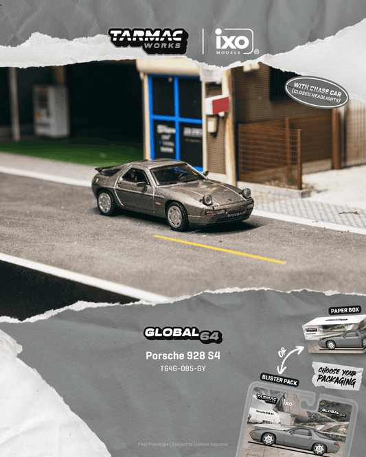 Tarmac Works Global64 Porsche 928 S4 in Grey Metallic with rolling wheels.