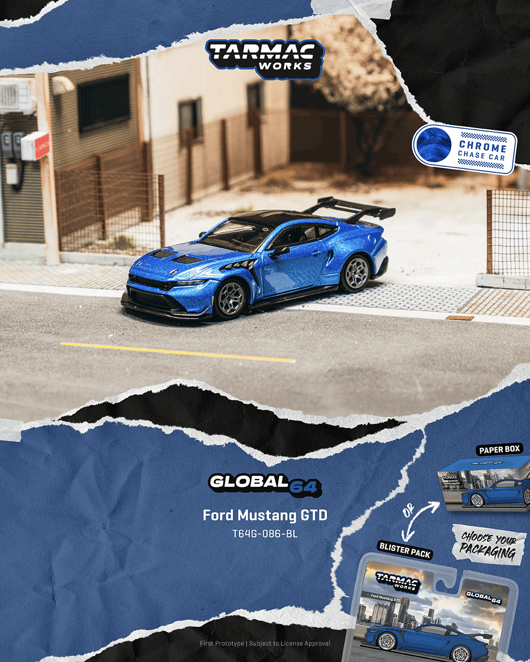Tarmac Works 1:64 Ford Mustang GTD blue GT3 inspired diecast model with large rear wing