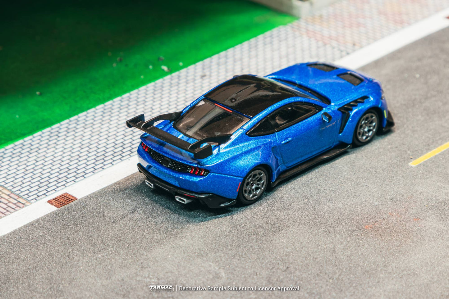 Tarmac Works 1:64 Ford Mustang GTD blue GT3 inspired diecast model with large rear wing. Top