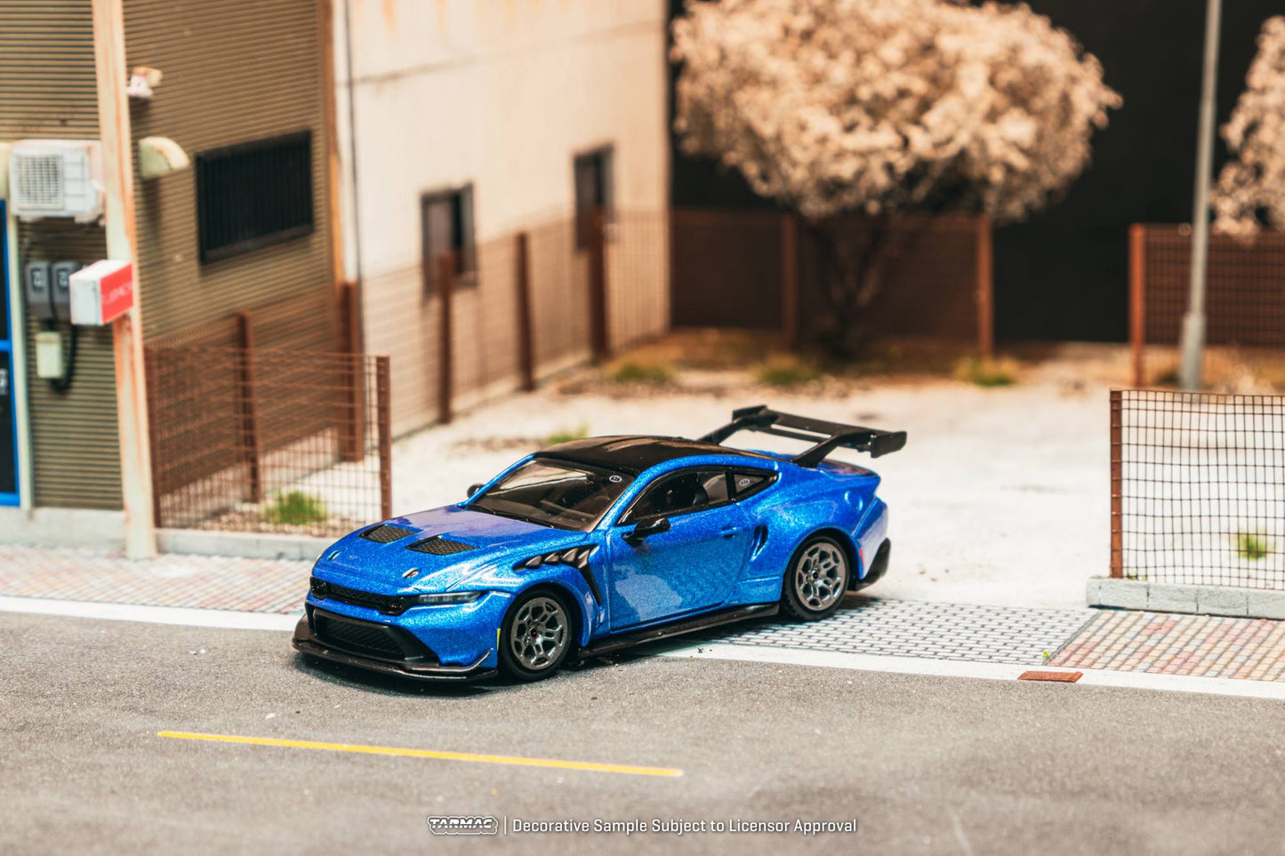 Tarmac Works 1:64 Ford Mustang GTD blue GT3 inspired diecast model with large rear wing. Front