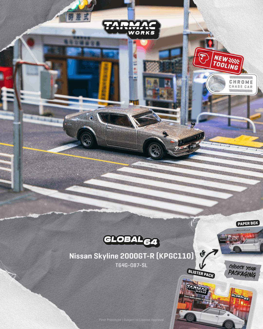 Tarmac Works Global64 1969 Nissan Skyline 2000GT-R KPGC110 with rolling wheels.