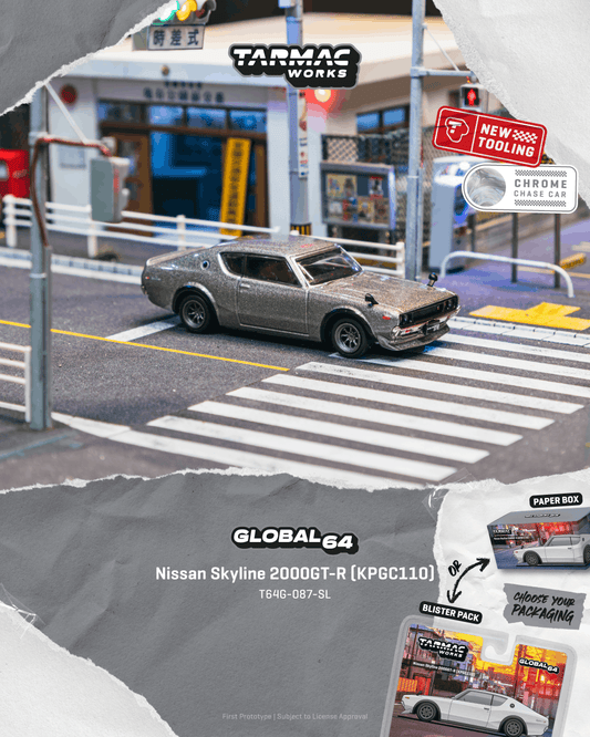 Tarmac Works Global64 1969 Nissan Skyline 2000GT-R KPGC110 with rolling wheels.