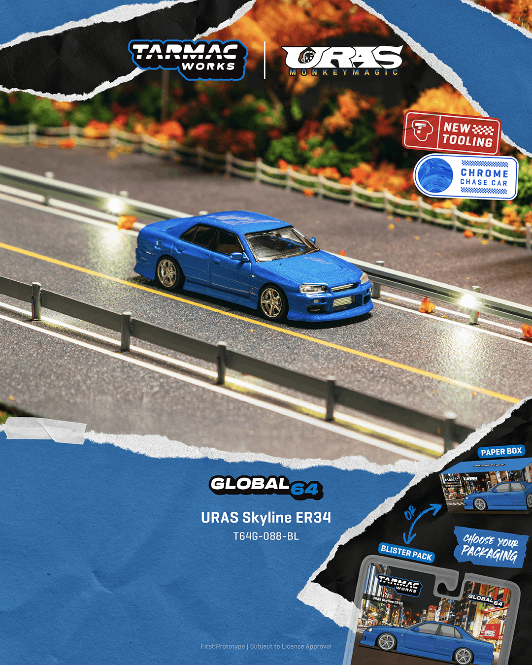 Tarmac Works 1:64 Nissan Skyline ER34 URAS blue new tooling drift diecast model