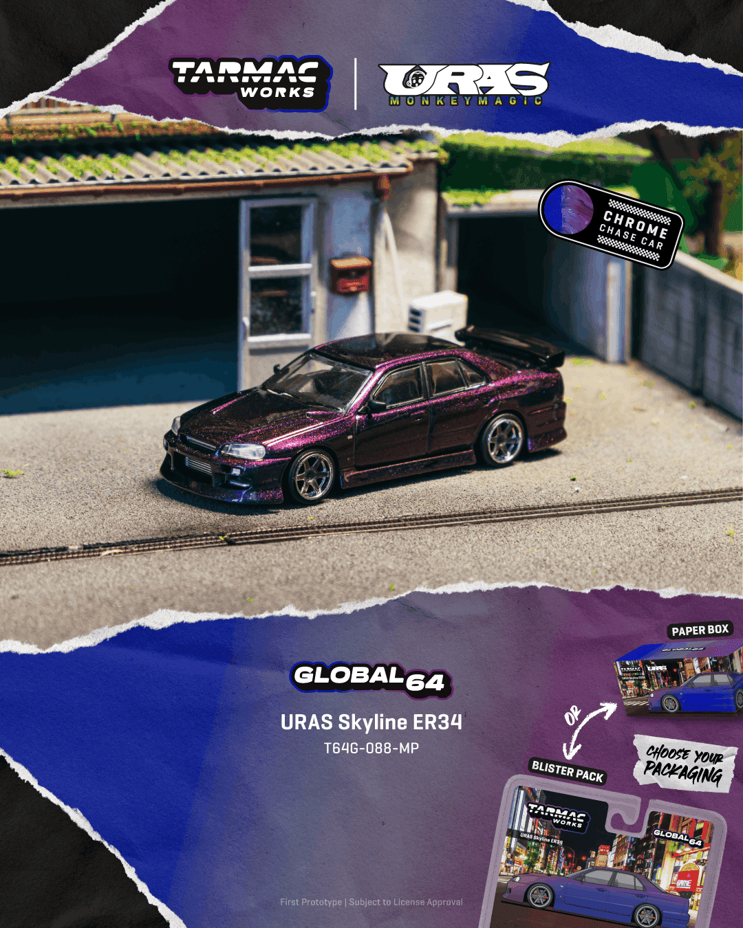 Tarmac Works Nissan Skyline ER34 URAS in Midnight Purple from the Global64 collection.