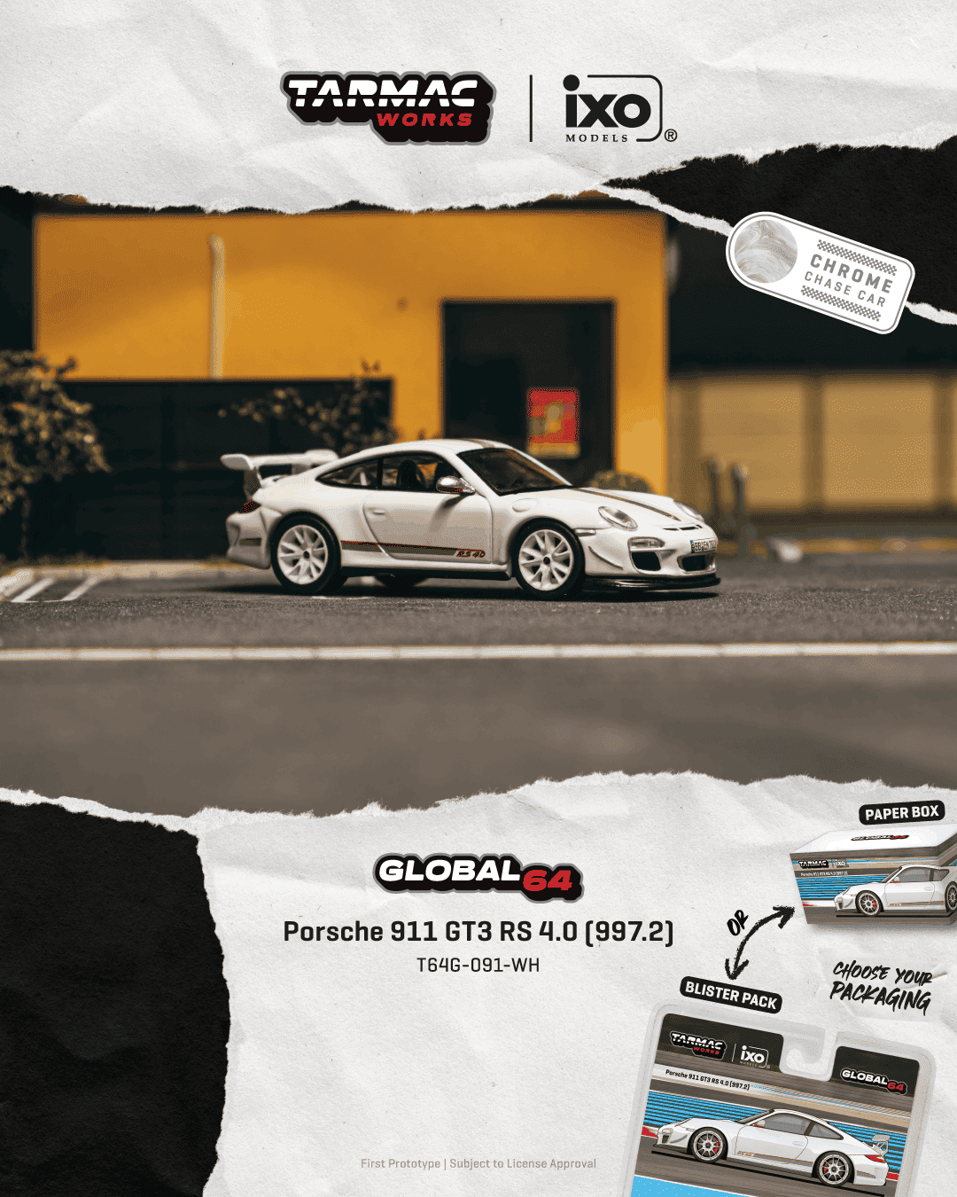 Tarmac Works Porsche 911 997 GT3 RS in white from the Global64 series.