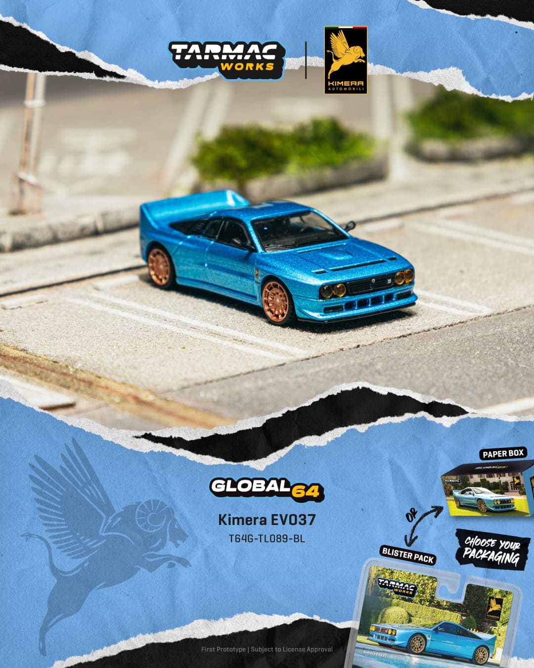 Tarmac Works Global64 Kimera EVO37 in blue with rolling wheels.