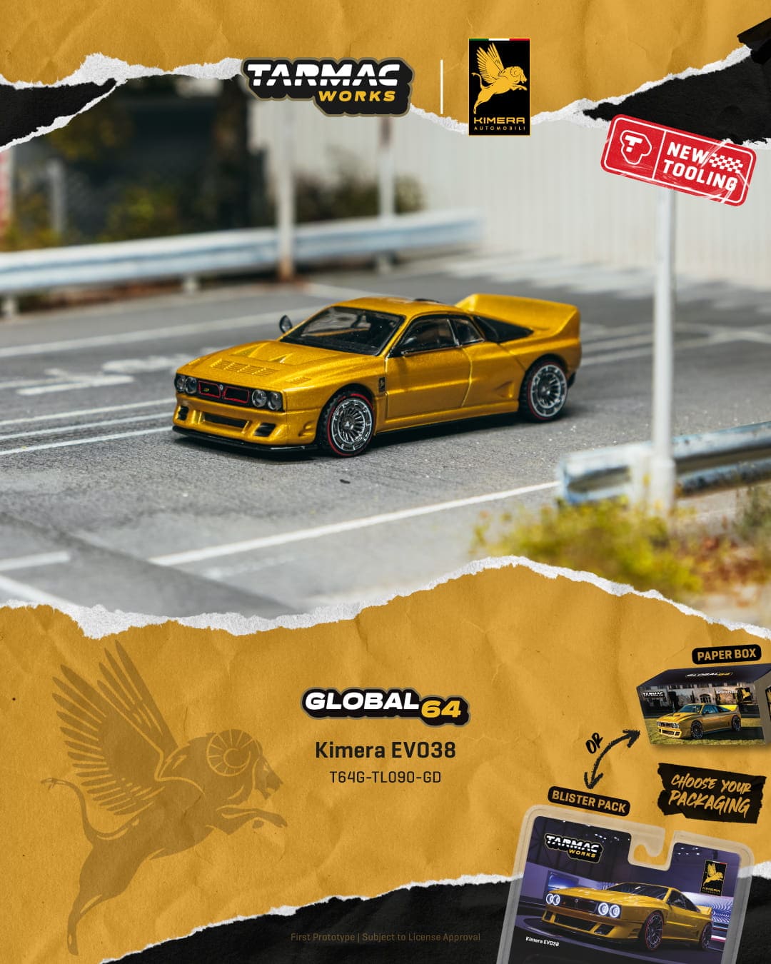 Tarmac Works Kimera EVO38 in gold from the Global64 collection.