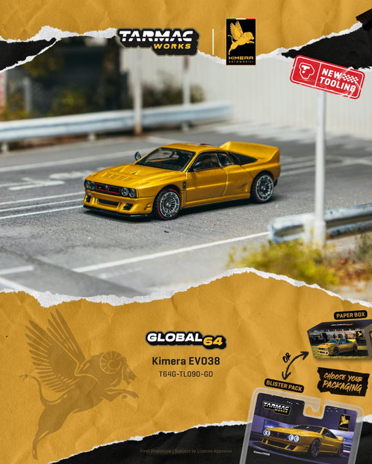 Tarmac Works Kimera EVO38 in gold from the Global64 collection.
