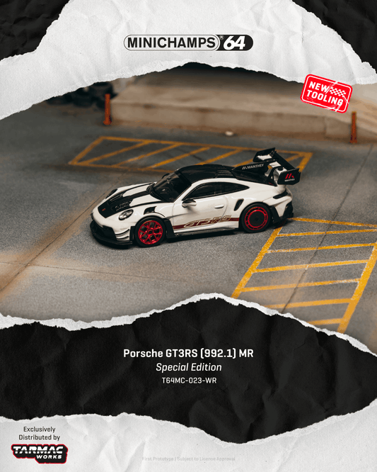 Tarmac Works Porsche 911 GT3 RS 992.1 MR in white and red from the Collab64 series.