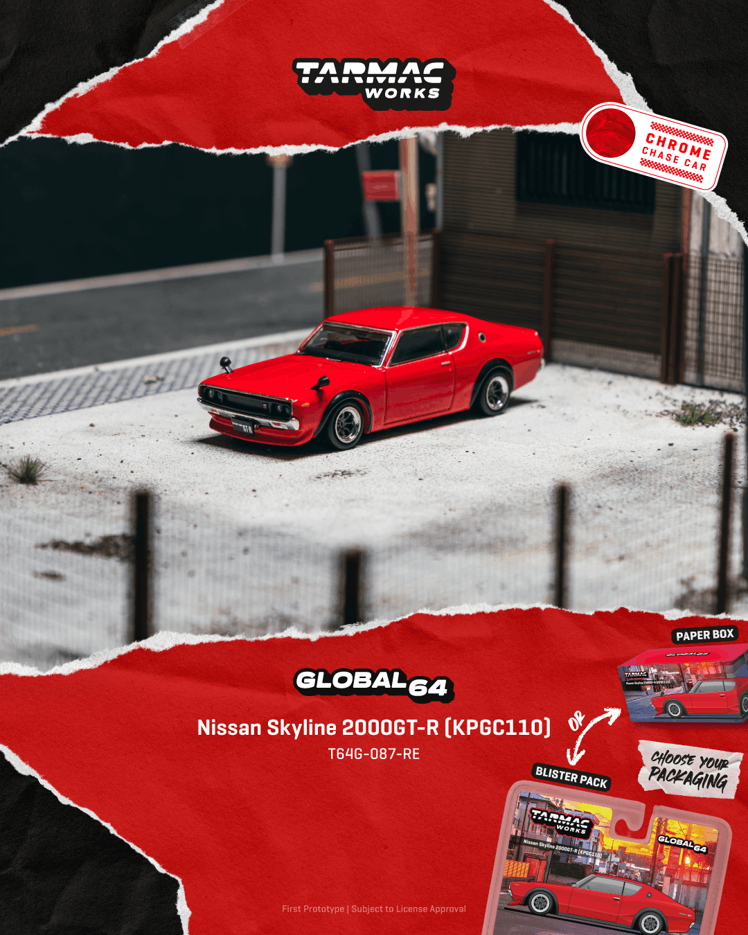 Tarmac Works 1972 Nissan Skyline 2000GT-R KPGC110 in red, a 1:64 Global64 diecast model.