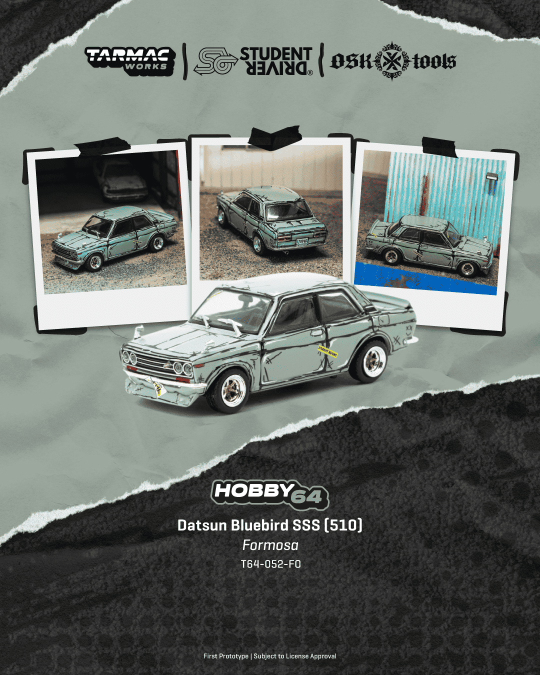 Tarmac Works 1973 Datsun 510 Bluebird Wagon SSS in green, a 1:64 Hobby64 diecast model in an acrylic display case.