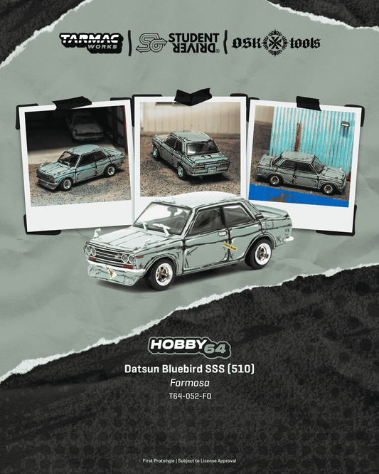 Tarmac Works 1973 Datsun 510 Bluebird Wagon SSS in green, a 1:64 Hobby64 diecast model in an acrylic display case.