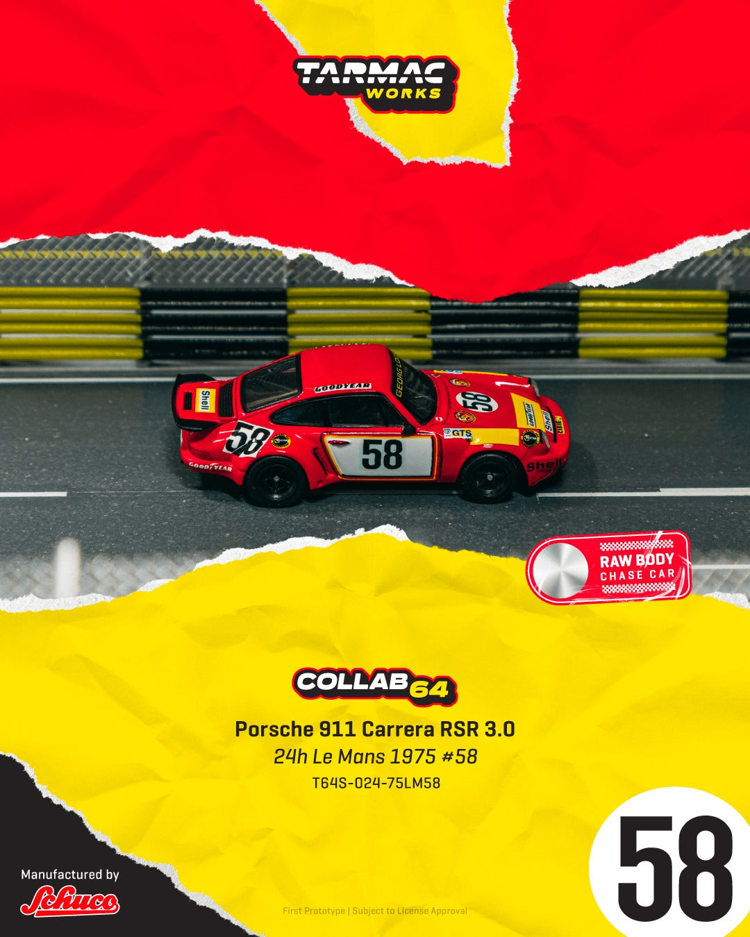 1:64 Tarmac Works Porsche 911 Carrera RSR 3.0 #58 24h Le Mans 1975 – red Collab64 die-cast race car.