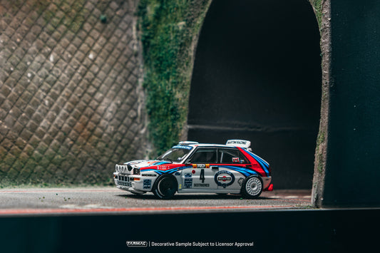 Tarmac Works 1992 Lancia Delta HF Integrale #4 Monte Carlo Rally Winner, Didier Auriol/Bernard Occelli, 1:64 scale model. Side