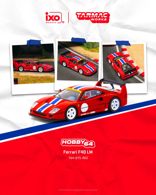 Tarmac Works 1:64 Ferrari F40 LM Rosso Corsa race version with stripe detail model in acrylic display case