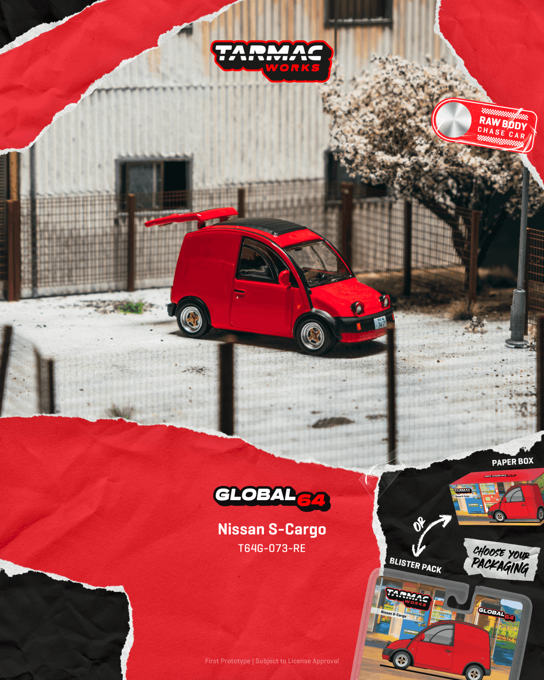 Tarmac Works 1:64 Nissan S Cargo 1995 red diecast model with movable rear door