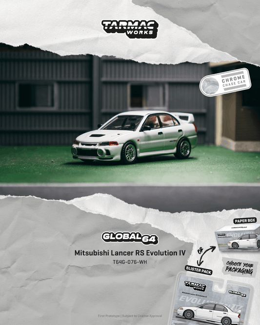 Tarmac Works 1996 Mitsubishi Lancer Evolution IV RS in white, a 1:64 Global64 diecast model.