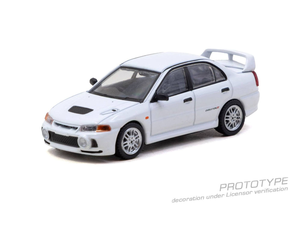 Tarmac Works 1996 Mitsubishi Lancer Evolution IV RS in white, a 1:64 Global64 diecast model.